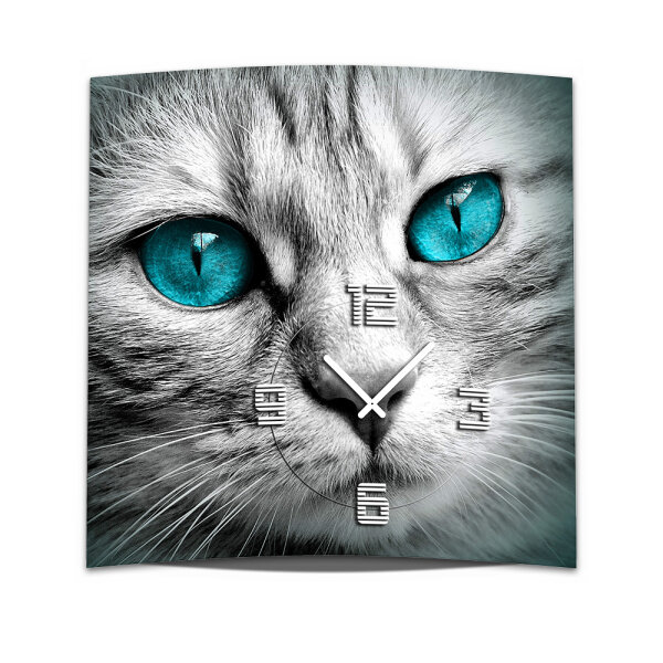 Wanduhr XXL 3D Optik Dixtime blaue Augen Katze 50x50 cm leises Uhrwerk GQ-015