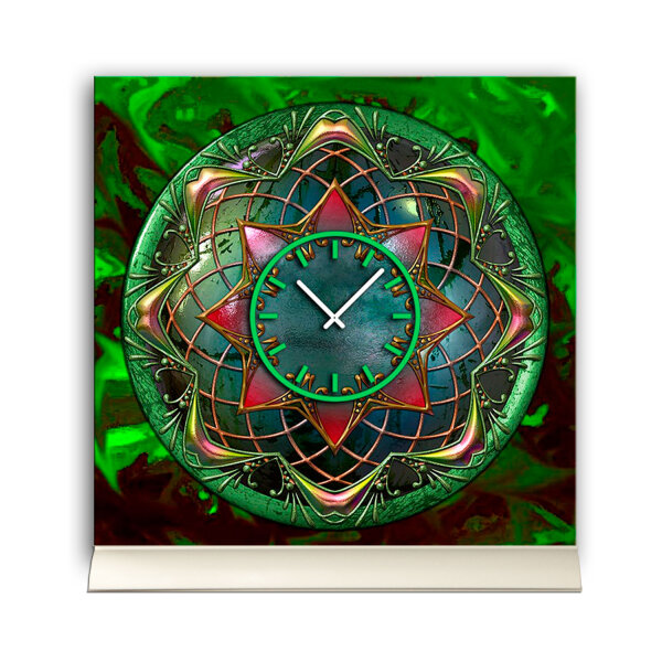 Tischuhr 30cmx30cm inkl. Alu-Ständer -antikes Design Steampunk Artefakt grün geräuschloses Quarzuhrwerk -Wanduhr-Standuhr TU3789 DIXTIME