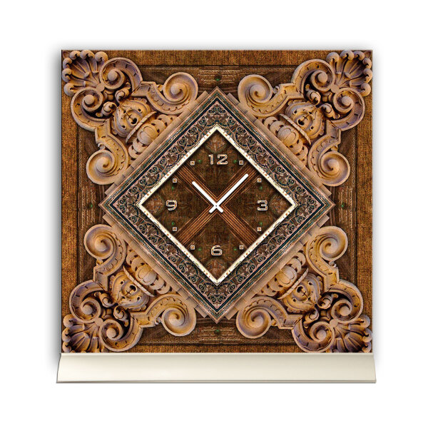 Tischuhr 30cmx30cm inkl. Alu-Ständer -antikes Design Motiv Holz Relief Schnitzerei geräuschloses Quarzuhrwerk -Wanduhr-Standuhr TU3956 DIXTIME