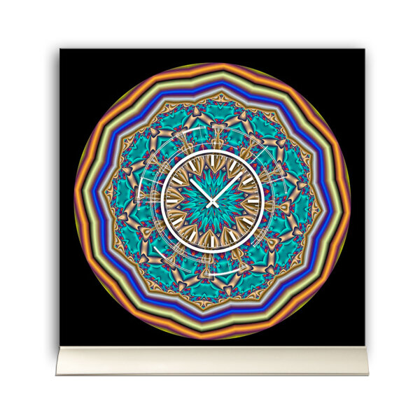 Tischuhr 30cmx30cm inkl. Alu-Ständer -abstraktes Design Kaleidoskop türkis bunt  geräuschloses Quarzuhrwerk -Wanduhr-Standuhr TU4090 DIXTIME