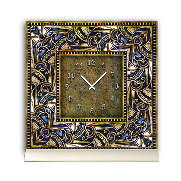 Tischuhr 30cmx30cm inkl. Alu-Ständer -antikes Design Vintage Fliesenmuster gold blau geräuschloses Quarzuhrwerk -Wanduhr-Standuhr TU4104 DIXTIME