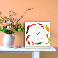 Tischuhr 30cmx30cm inkl. Alu-Ständer -modernes Design Paprika Peperoni geräuschloses Quarzuhrwerk -Küchenuhr-Standuhr TU4161 DIXTIME