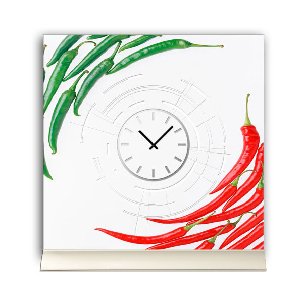 Tischuhr 30cmx30cm inkl. Alu-Ständer -modernes Design Chilli Peperoni  geräuschloses Quarzuhrwerk -Küchenuhr-Standuhr TU4162 DIXTIME