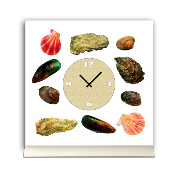 Tischuhr 30cmx30cm inkl. Alu-Ständer -modernes Design Muscheln  Strandgut geräuschloses Quarzuhrwerk -Wanduhr-Standuhr TU4186 DIXTIME