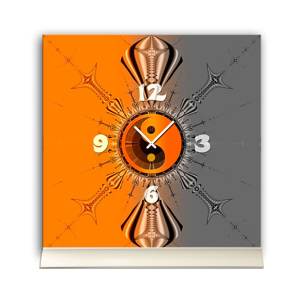 Tischuhr 30cmx30cm inkl. Alu-Ständer -mystisches Design Yin Yang orange grau  geräuschloses Quarzuhrwerk -Wanduhr-Standuhr TU4239 DIXTIME