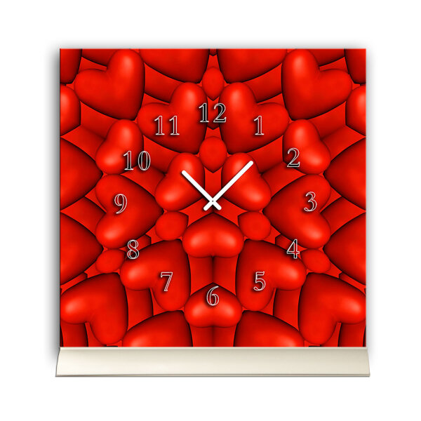 Tischuhr 30cmx30cm inkl. Alu-Ständer -modernes Design Herzen rot  geräuschloses Quarzuhrwerk -Wanduhr-Standuhr TU4276 DIXTIME