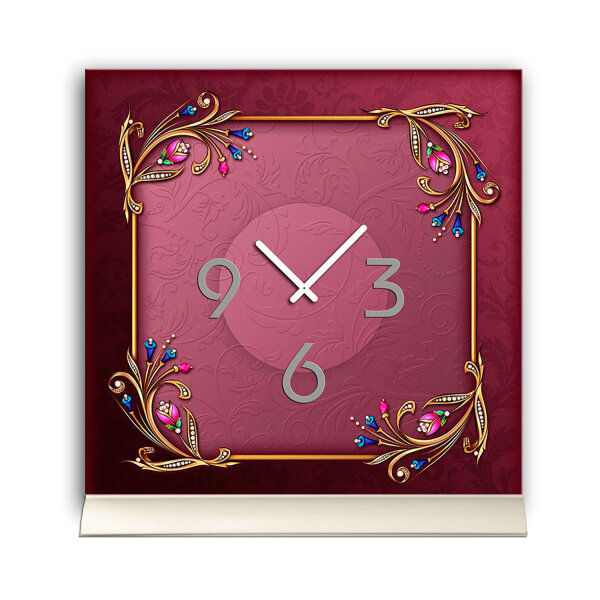Tischuhr 30cmx30cm inkl. Alu-Ständer -Art déco Design Jugendstil bordeaux  geräuschloses Quarzuhrwerk -Wanduhr-Standuhr TU4454 DIXTIME