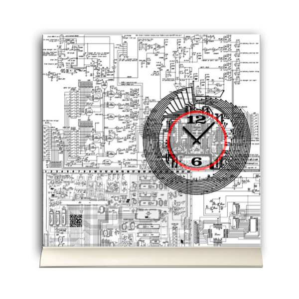 Tischuhr 30cmx30cm inkl. Alu-Ständer -modernes Design Schaltkreis Techno schwarrz weiß  geräuschloses Quarzuhrwerk -Wanduhr-Standuhr TU5005 DIXTIME