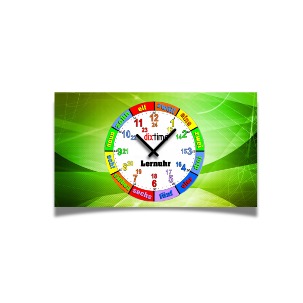 Kinder-Lernuhr schlicht einfarbig grün abstrakte Strukturen, leise kein ticken, dixtime 3D-0434