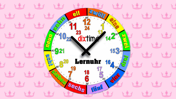 Rosa Krönchen Kinder-Lernuhr, leise kein ticken, dixtime 3D-0436
