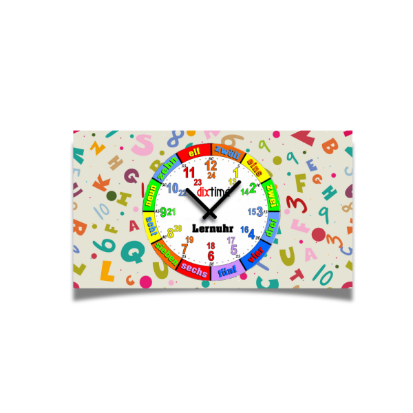 Bunte Kinder-Lernuhr Buchstaben und Zahlen, leise kein ticken, dixtime 3D-0438