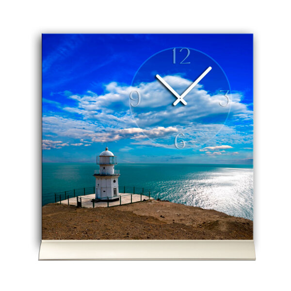 Tischuhr 30cmx30cm inkl. Alu-Ständer- maritimes Design Leuchtturm Meer geräuschloses Quarzuhrwerk -Wanduhr-Standuhr TU6018 DIXTIME