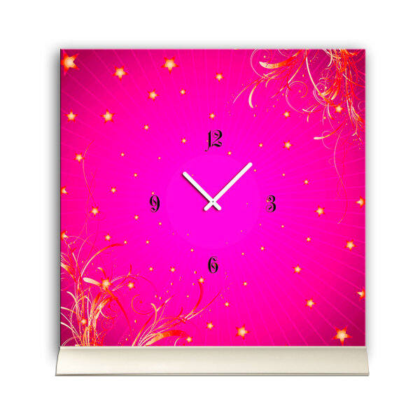 Tischuhr 30cmx30cm inkl. Alu-Ständer -modernes Design pink Sternchen Girl-Style geräuschloses Quarzuhrwerk -Kaminuhr-Standuhr TU5050 DIXTIME