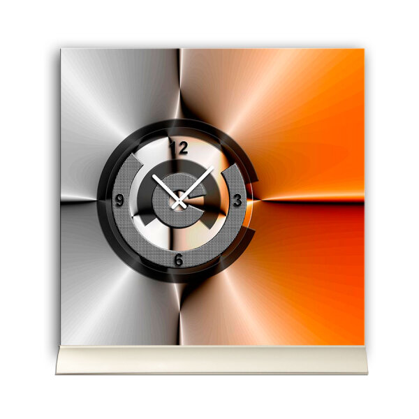 Tischuhr 30cmx30cm inkl. Alu-Ständer -modernes Design silbergrau orange  geräuschloses Quarzuhrwerk -Wanduhr-Standuhr TU5035 DIXTIME