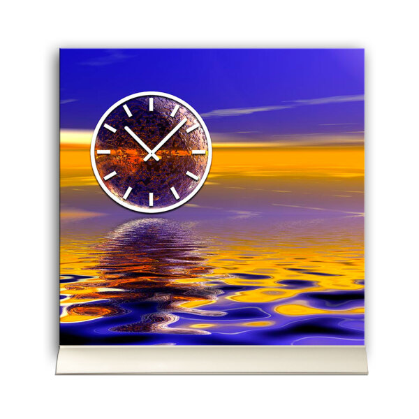 Tischuhr 30cmx30cm inkl. Alu-Ständer -abstraktes Design  Wasser Spiegelung blau orange geräuschloses Quarzuhrwerk  -Wanduhr-Standuhr TU3168 DIXTIME