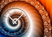 Tischuhr 30cmx30cm inkl. Alu-Ständer -edles Design Schnecke Fraktal blau orange geräuschloses Quarzuhrwerk  - Kaminuhr-Standuhr TU3092 DIXTIME