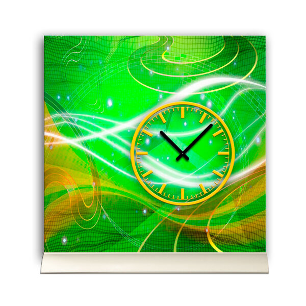 Tischuhr 30cmx30cm inkl. Alu-Ständer- abstraktes Design grün gelb geräuschloses Quarzuhrwerk -Wanduhr-Standuhr TU3417 DIXTIME