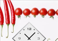 Dixtime Designer Wanduhr,30cm x 40cm Wanduhren, stylische Küchenuhr, rot weiß, Paprika Tomate Peperoni 4182-0009